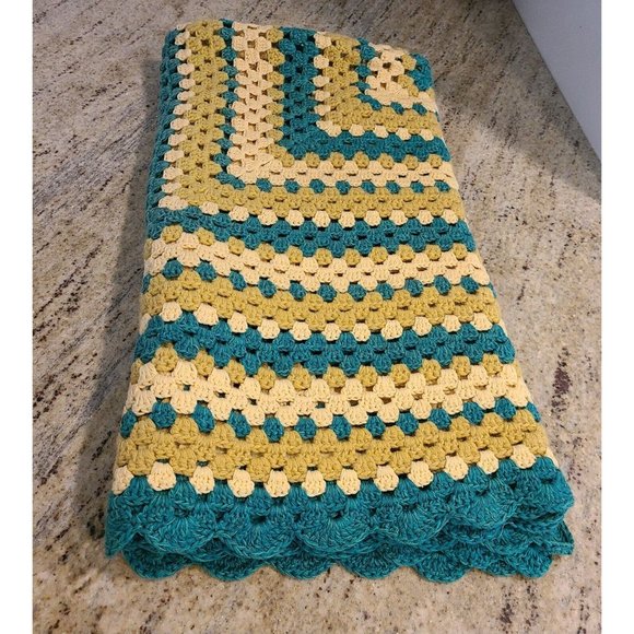 Vintage Hand Knit Crochet Granny About 44" Throw Blanket Afghan Teal Beige Green - Picture 8 of 9